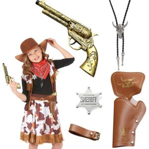 TRAHOO-Pistolet Cowboy Costume Accessoires Deguisement Cowboy Enfant Homme Holster Western Ceinture Cowboy Collier Tête de Taureau Badges Pistolet Jouet Costume Halloween Femme Carnaval Cosplay 6 Piè - Neuf