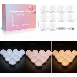 Lampe De Miroir Led Hollywood 10 Ampoules Avec Adaptateur Et Interrupteur, Usb C&acirc;ble R&eacute;glable, 3 Couleurs Et 10 Intensit&eacute;s, Lumi&egrave;re Miroir Adhesif Pour Coiffeuse Maquillage Make Up - Neuf