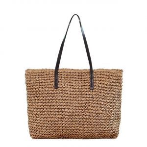 Femmes Tissé à la main Paille Sac à bandoulière Grand Été Plage Poignées Sac À Main Sac À Main Avec Fermeture Éclair Kaki - Neuf