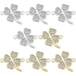 Lot De 8 Breloques Tr&egrave;fle &Agrave; Quatre Feuilles En Laiton Avec Connecteur En Zircon Cubique, 2 Couleurs, Porte-Bonheur, Pendentif Tr&egrave;fle, Id&eacute;al Pour La Cr&eacute;ation De Bijoux Et Loisirs Cr&eacute;atifs. - Neuf