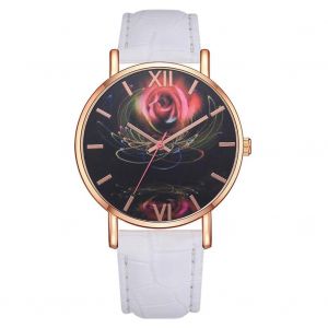 Elegnat Femmes Tendance Rose Motif Affichage Analogique Quartz Mpvement Montre-Bracelet (Blanc) - Neuf