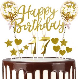 ERYI-Décorations De Gâteau Dorées Pour 17E Anniversaire Fille Et Garçon, Bougie 3D En Forme De Chiffre 17 Pour Fille Et Garçon, Ballons À Paillettes Pour Décorations De Fête - Neuf