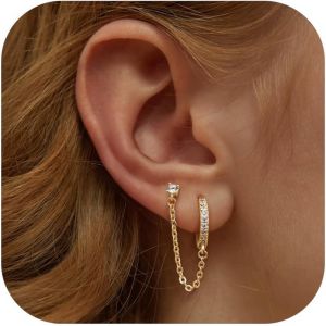 Kal-Boucles D'oreilles Argent 925 Pour Femme Plaquée Or 14 Carats Dangle Chaîne Boucles D'oreilles, Double Creoles Or/Argent Pour Plusieurs Piercings Oreille Helix Tragus Piercing Bijoux - Neuf