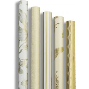 211846amzc - Un Carton De 10 Rouleaux De Papier Cadeau - Papier Premium 80g - Dimensions : 2x0,70m - Motif : Or ,Brillant ,G&eacute;om&eacute;trique ,Plumes ,Fleurs - Emballage Cadeau - Neuf