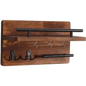 Cauc-Porte-Cl&eacute;s Mural En Bois Avec &Eacute;tag&egrave;re - Rustic - Pour Ranger Les Cl&eacute;s - D&eacute;coration De La Maison - Marron - Neuf