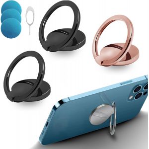 Mdy-3 Pièces Anneau Telephone Portable,Ring Holder Ultra Mince Rotation À 360°, Avec 3 Pièces En Fer+1épingle À Carte Bague Telephone Portable Pour Tous Les Smartphones (2 Noir + Or Rose) - Neuf