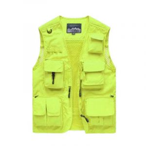 Gilet Cargo Jaune Fluo Pour Homme, Idéal Pour Les Loisirs, Le Travail, Le Safari, La Pêche, Les Voyages, En Maille Photo, Multi-Poches - Neuf
