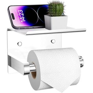 TIANYI-Porte-Papier hygi&eacute;nique chrom&eacute; avec &eacute;tag&egrave;re, Support Mural ou Auto-adh&eacute;sif, Rangement pour Papier hygi&eacute;nique, d&eacute;coration de Salle de Bain, Acier Inoxydable - Neuf