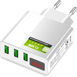 JGD-&reg; Chargeur USB 3A - Bloc d'alimentation pour t&eacute;l&eacute;phone Portable 3 Ports avec Affichage LCD et Fonction de Charge Rapide, Blanc - Neuf