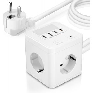 Multiprise USB Cube avec 4 Prises 1 Port USB-C, 3 Ports USB-A, Multiprise 1.5M avec veilleuse, Cube Multiprise avec Interrupteur, Prise Multiprise pour Voyage Bureau &agrave; Domicile, Blanc - Neuf