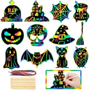 KALANKA-48 Pieces Cartes à Gratter Halloween pour Enfants - Papier à Gratter Magique Arc-en-Ciel DIY, Chauve-Souris Citrouille Halloween Maison Hantée Arts et Artisanat Ornements pour Décoration de V - Neuf