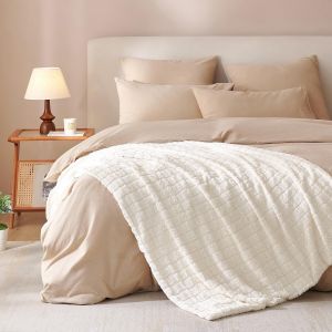 CHECARZHN--NO1-Couverture Douillette En Peluche - 150 X 200 Cm - Crème Et Blanc Uni - À Carreaux - Douce Et C - Toucher Cachemire - Fausse Fourrure - Pour Canapé, Lit, Canapé - Neuf