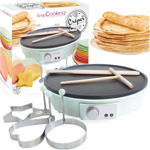 lbgwp60-ScrapCooking 3899 Crêpière Crêpes Factory, Machine Électrique, Avec Plaque Chauffante Anti-Adhésive, Râteau, Spatule & 3 Moules Art, Vert D'Eau - Neuf