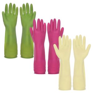 Loranka-3 Paires Gants De M&eacute;nage, Gants De Vaisselle Longs En Caoutchouc, Gant Travail &Agrave; Manche Longue Le Antid&eacute;rapants Pour, Nettoyage Du Linge, La Salle De Bain (L, Jaune, Rose, Vert) - Neuf