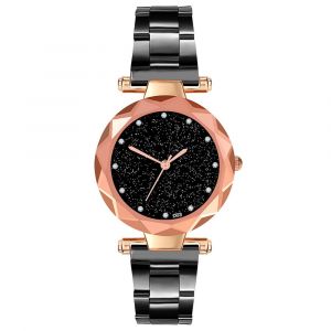 Montre A Quartz Zhoulianfa Pour Femme, Bracelet En Acier, Cadran Ciel Etoile Et Strass (Noir) - Neuf