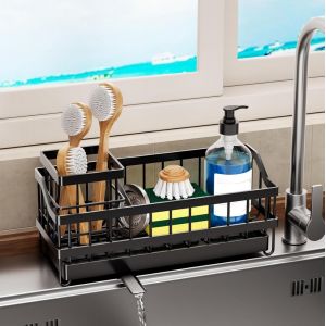 Chenquansarl-Organisateur Evier Cuisine, Porte Eponge Evier Cuisine Avec Vidange Automatique Rangement Eponge Evier Cuisine Organisateur D'évier Repose Support Eponge Évier En Acier Inoxydable,Noir - Neuf