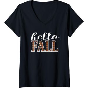 Kalanka-Femme Hello Fall Pumpkin Buffalo Plaid Automne Thanksgiving Casual T-Shirt Avec Col En V - Neuf