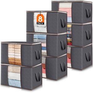 Lot de 8 Sac Rangement Vetement, Boite Rangement D&eacute;m&eacute;nagement Bac de Rangement pour V&ecirc;tements, Couvertures, Couettes, Caisse rangement Pliable avec Poign&eacute;e Renforc&eacute;e, Gris - Neuf