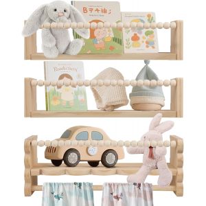 SUBZONAL-Lot de 3 &eacute;tag&egrave;res murales pour enfant - 40 cm - Avec pr&eacute;sentoir suspendu pour photos, chambre d'enfant - En bois - Pour chambre de b&eacute;b&eacute;, cuisine, &eacute;pices - Neuf