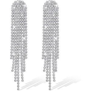 Boucles D'oreilles Strass Pour Femme, Boucles D'oreilles Pendantes À Pampilles Argentées Scintillantes Boucles D'oreilles Longues Lustre En Cristal,Boucles D'oreilles À Franges En Diamant.[X1343] - Neuf