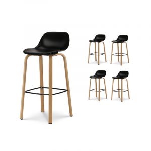 Lot de 4 tabourets de bar noirs style scandinave avec pieds effet bois en m&eacute;tal - Hauteur 66cm - Neuf