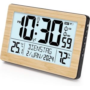 COPF-Horloge Murale Réveil Numérique Radio-Pilotée Avec Température Horloge De Table En Bois Calendrier En 7 Langues Clock Design Moderne - Neuf