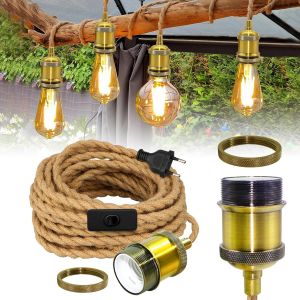 Lampe Suspendue Rétro Avec Corde De Chanvre Câble 5.1m,Douille E27 Vintage En Laiton Avec Prise Et Interrupteur,Cable Suspension Luminaire Industrielle,Lustre Corde Pour Salon Salle À Manger - Neuf
