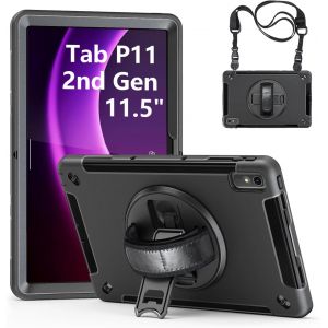 Coque Antichoc pour Lenovo Tab P11 (2nd G&iquest;&iquest;n) 11.5 Pouces 2023, (TB-350FU/TB-350XC), ?tui Armure Robuste avec Support Rotatif, Dragonne et Bandouli&iquest;&iquest;re, Housse pour Lenovo Tab P11 2nd 11.5, Noir - Neuf