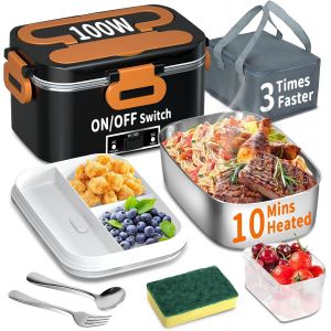 MEVRONISSHOP-Bo&icirc;te &agrave; lunch &eacute;lectrique 100 W, 3 en 1, portable et chauffante, en acier inoxydable, 12 V/24 V/220 V, pour voiture, camion, bureau, avec sac isotherme (orange et noir) - Neuf