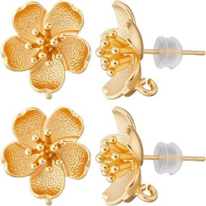 Kal-1 Boîte De 4 Paires De Clous D'oreilles En Forme De Fleur En Laiton Plaqué Or 18 Carats Avec Boucle Et 8 Écrous En Silicone Pour La Fabrication De Bijoux À Thème Floral. - Neuf