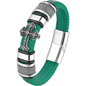 Eryi-Bracelet Homme Cuir, Bracelet Vikings Homme, Croix Chretienne Hommes Bracelets Acier Argent Noir, Bijoux Cadeau Hommes - Neuf