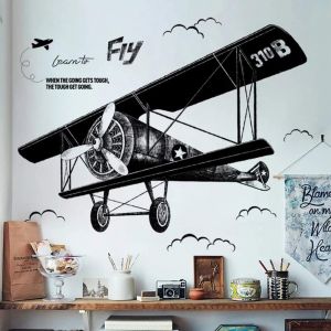 Stickers Muraux Xl Garçon Rétro Dessin D'avion Noir (130x93 Cm) I Poster Nuages Stickers Décoratifs I Sticker Mural Pour Salon Chambre Cuisine Chambre Enfant Jeune Adolescent - Neuf