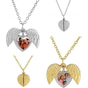 Kal-Lot De 2 Médaillons Avec Photo De C?ur Et Ailes D'ange 2 Couleurs En Métal - Médaillon En Forme De C?ur - Pour Maman, Petite Amie - Cadeau D'anniversaire - Neuf