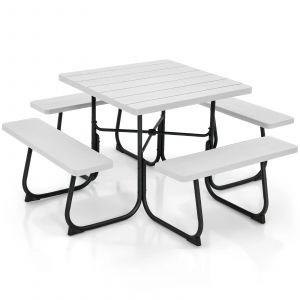 Ensemble Table De Pique-Nique Avec 4 Bancs Int&eacute;gr&eacute;s 170 X 170 X 76 Cm Stable Et R&eacute;sistant Aux Intemp&eacute;ries En M&eacute;tal Blanc Helloshop26 20_0011986 - Neuf
