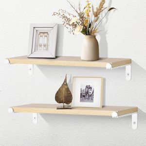 Lot de 2 Etagere Murale Rustique en Bois, 40CM Brun Clair Etag&egrave;res Flottantes Suspendues, Tablettes Flottantes Rangement pour Cuisine, Chambre, Salon - Neuf