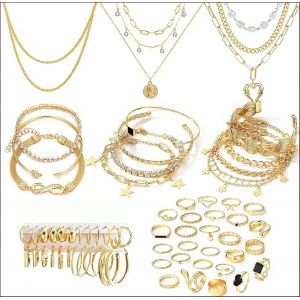 38-59 Pi&egrave;ces (8-9 Ensembles) Parure En Or Plaqu&eacute; Pour Femmes Avec 8 Colliers, 12 Bracelets, 27 Bagues, 12 Paires De Boucles D'oreilles, Bijoux Simples Et Scintillants Happy-Gold Pour - Neuf