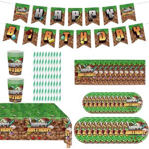 MEVRONISSHOP-62 Pcs D&eacute;corations Anniversaire Vaisselle Kit, Jeux vid&eacute;o Fournitures de F&ecirc;te Assiettes Gobelets Serviettes Pailles Nappes Banni&egrave;res d'Anniversaire, Vaisselle de F&ecirc;te - Neuf