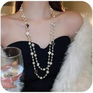 Kal-Collier Perle Femme Collier Long Cristal Avec Trèfle À Quatre Feuilles Collier Multi Rangs Collier De Perles Artificielles Élégant Bijoux Tendance Empilés Pour Mariage Fiançailles - Neuf