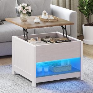 SUBZONAL-Table Basse Relevable, avec Eclairage LED 16 Couleurs Moderne, Table Basse Salon Bois 60x60x45cm, Gris - Neuf
