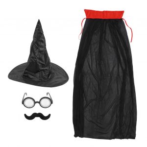 Costumes De Sorcier, Chapeau Noir, Lunettes, Fausse Moustache, Cape, Accessoires De Costume De Fete Amusants - Neuf