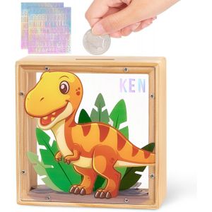 ERYI-Tirelire Dinosaur En Bois Naturel Et Acrylique Pour Enfants, Cadeau Éducatif Personnalisable Avec Autocollants, Décoration De Chambre Mignonne - Neuf