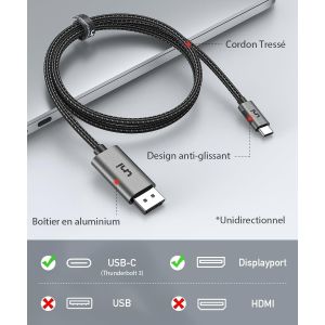 Câble USB C vers DisplayPort 3m (4K@60Hz, 2K@144Hz), Thunderbolt 3 vers DisplayPort, Compatible avec MacBook Pro, MacBook Air, iPad Pro, Dell XPS 15, Surface Book 2 et plus - Neuf