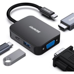 NAERYUT-Hub Usb C 4 En 1,Adaptateur Usb C Vers Hdmi Vga,Adaptateur Usb Type-C Vers Usb,Compatible Pour Macbook Pro/Air,Iphone 15 Plus Pro Max,Surface Book 2,Dell Xps 13/15,Pixelbook Et Plus-Noir - Neuf