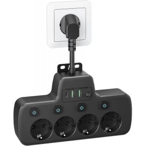 Prise Multiple avec Interrupteur Individuel, Multiprise Electrique avec 4 Prises et 3 USB Chargeurs Adaptateur, Murale Bloc Prise Parafoudre Rallonge 0.1m Câble Court, Noir - Neuf
