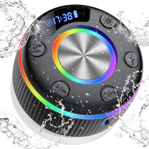 Enceinte Bluetooth Douche, Enceinte Bluetooth Portable Avec Hd Mic, Haut-Parleur Bluetooth &Eacute;tanche Ipx7 Avec Ventouse Pour Salle De Bain,Ext&eacute;rieur,360&deg; St&eacute;r&eacute;o, Lumi&egrave;re Led,Affichage De L'Heure,Noir - Neuf
