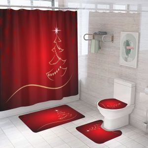 4 Pi&egrave;ces de No&euml;l Rideaux de Douche avec anti-D&eacute;rapant Tapis&iquest;Style D&iquest;, Couvercle des Toilettes et Tapis de Bain, Vintage Imperm&eacute;able salle de Bain Rideau de Douche avec 12 Crochets - Neuf