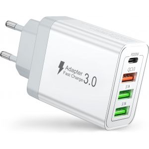 JGD-Chargeur USB C, 40W 4 Port Prise USB C Chargeur Rapide, Multi Secteur PD+QC 3.1A Type C Adaptateur pour iPhone 16 15 14 13 Pro Max Plus, iPad, Samsung S22 S23 S24 S25, iWatch,Petit Ventilateur - Neuf