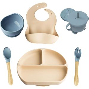 Kal-Coffret Repas Bebe - Lot De 6 Pièces Avec Assiette Ventouse Pour Bébé Et Couvert Enfant - Bavoir Silicone Bebe - Bol Bebe Et Tasse Apprentissage Bebe Sans Bpa - Neuf