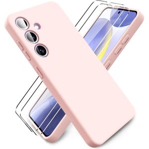 Store-Coque Pour Samsung Galaxy S24,Avec 2 Pièces Protecteur D'écran En Verre Trempé,Housse Silicone Souple Ultra-Mince De Couleur Pure,Coque En Caoutchouc Antichoc-Rose - Neuf