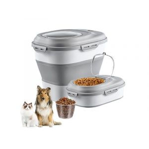 Conteneur De Stockage De Nourriture Pour Chien Pliable Avec Verre Doseur - Gris, Herm&eacute;tique, Peu Encombrant, Capacit&eacute; De 25 Kg - Neuf